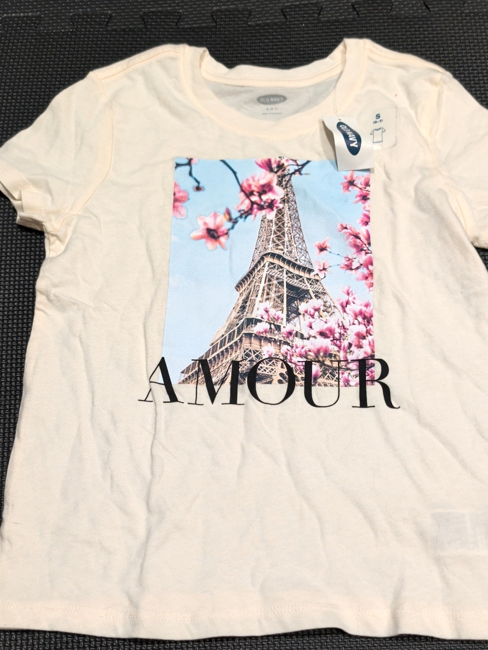 Old Navy Cream Graphic 'Amour' Eiffel Tower Tee with Pink & Blue Print